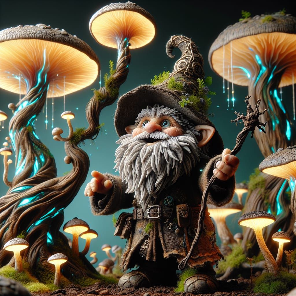 Enchanted Gnome Casts Magic in Mushroom Forest