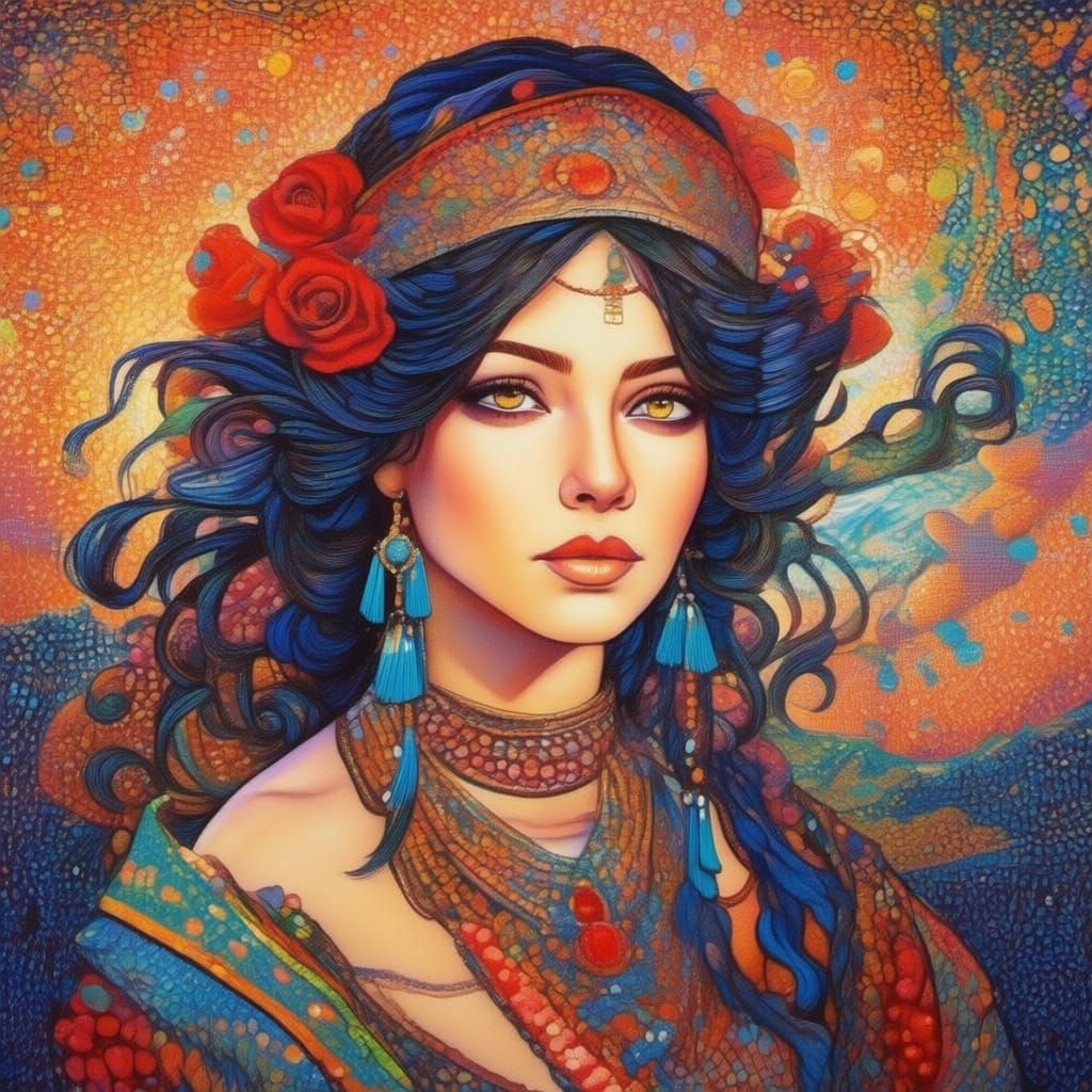 Fantastical Portrait of a Woman with Roses and Golden Eyes