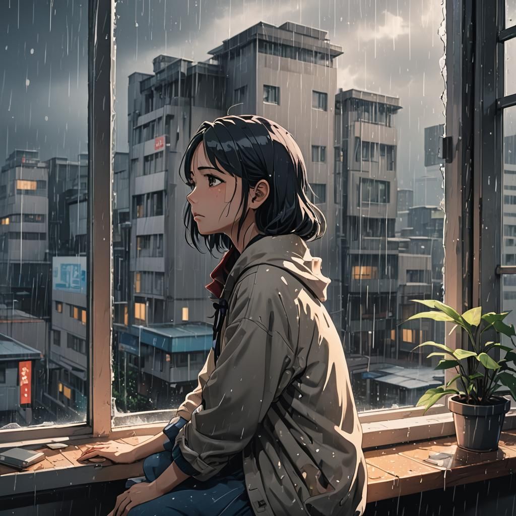 Sad Girl in Rain: Anime-Style Illustration
