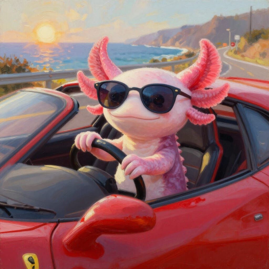 Axolotl Drives Ferrari on Coastal Road in Impressionistic St...