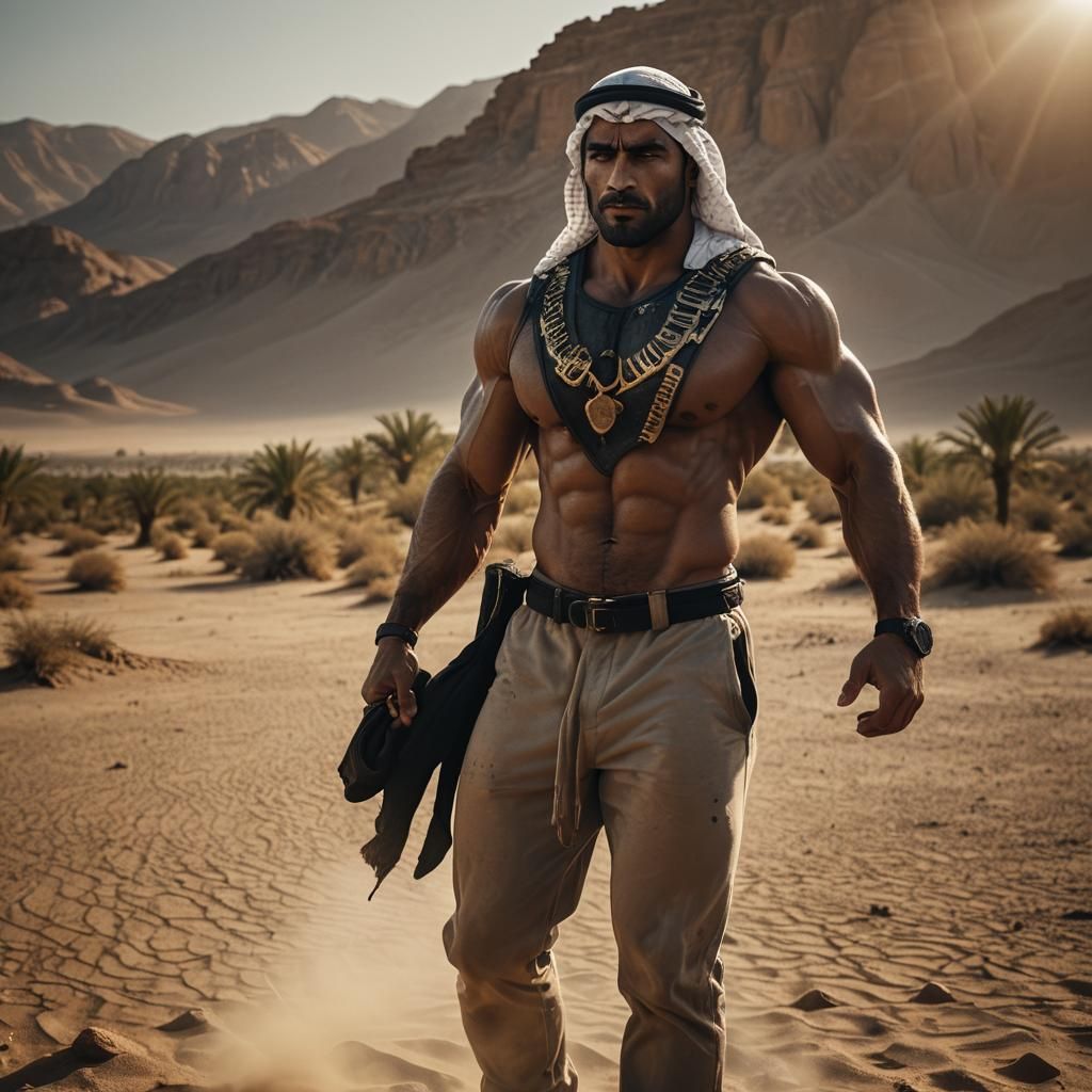 Heroic Arab Bodybuilder in Desert Film Still