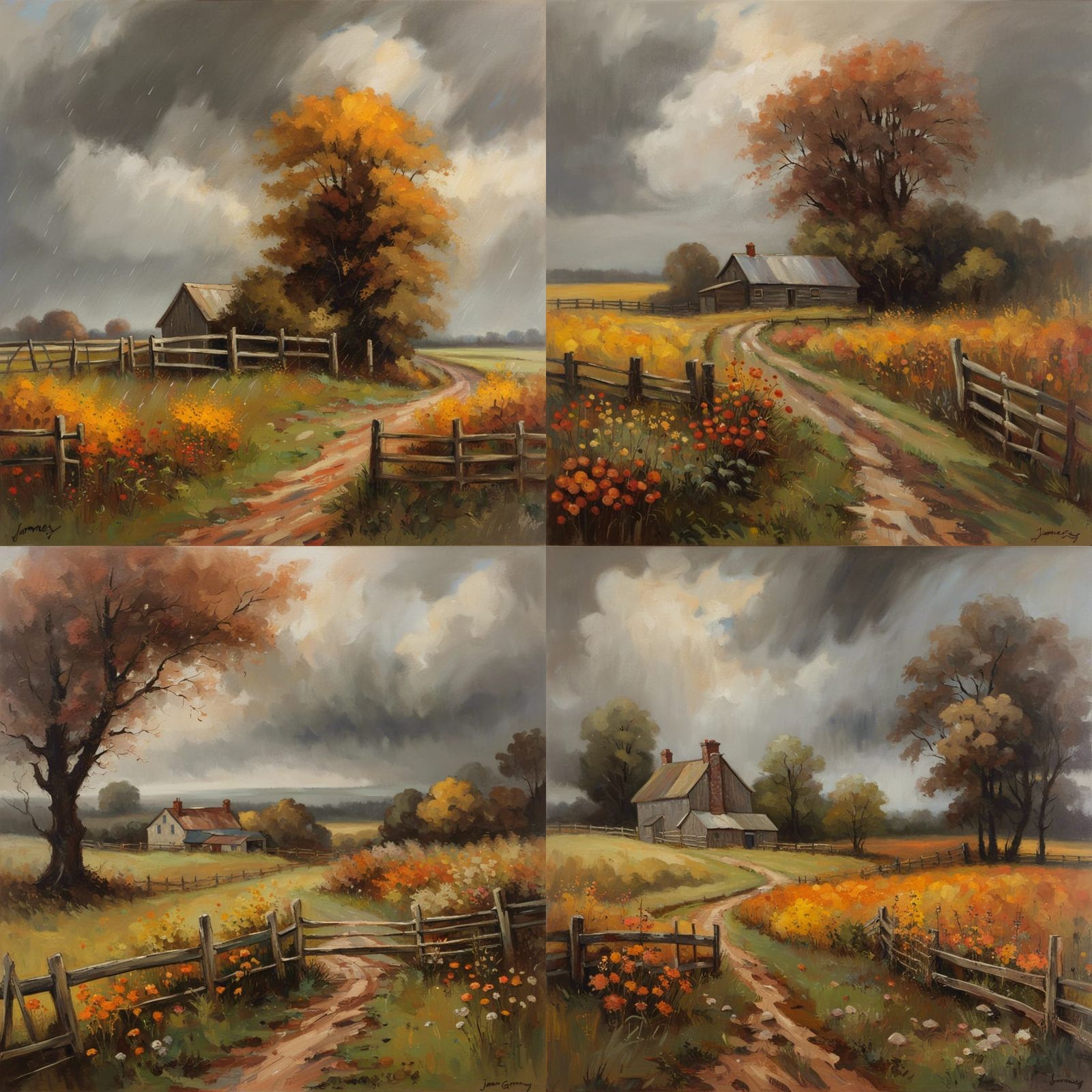 Vintage England Farm in Autumn, Oil Painting