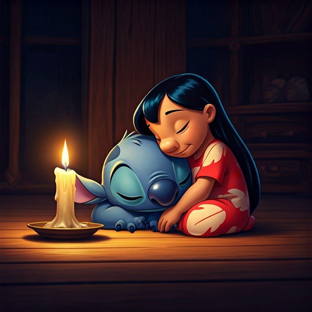 Lilo Hugs Sleeping Stitch by Candlelight