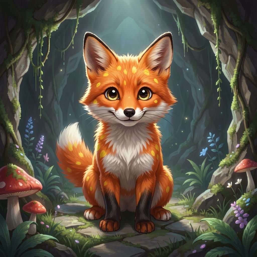 Photorealistic Fantasy Fox Creature in Secret Grotto