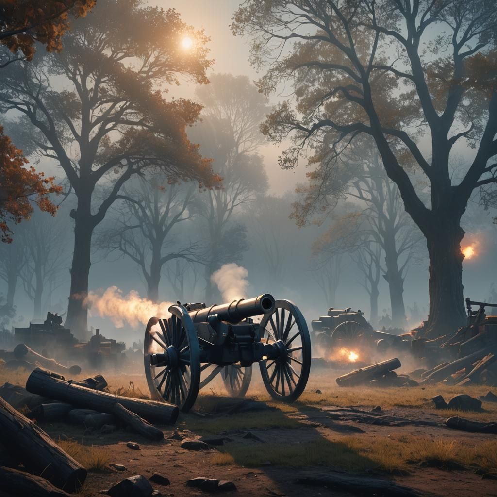 Civil War Cannon Fires in Misty Fantasy Landscape