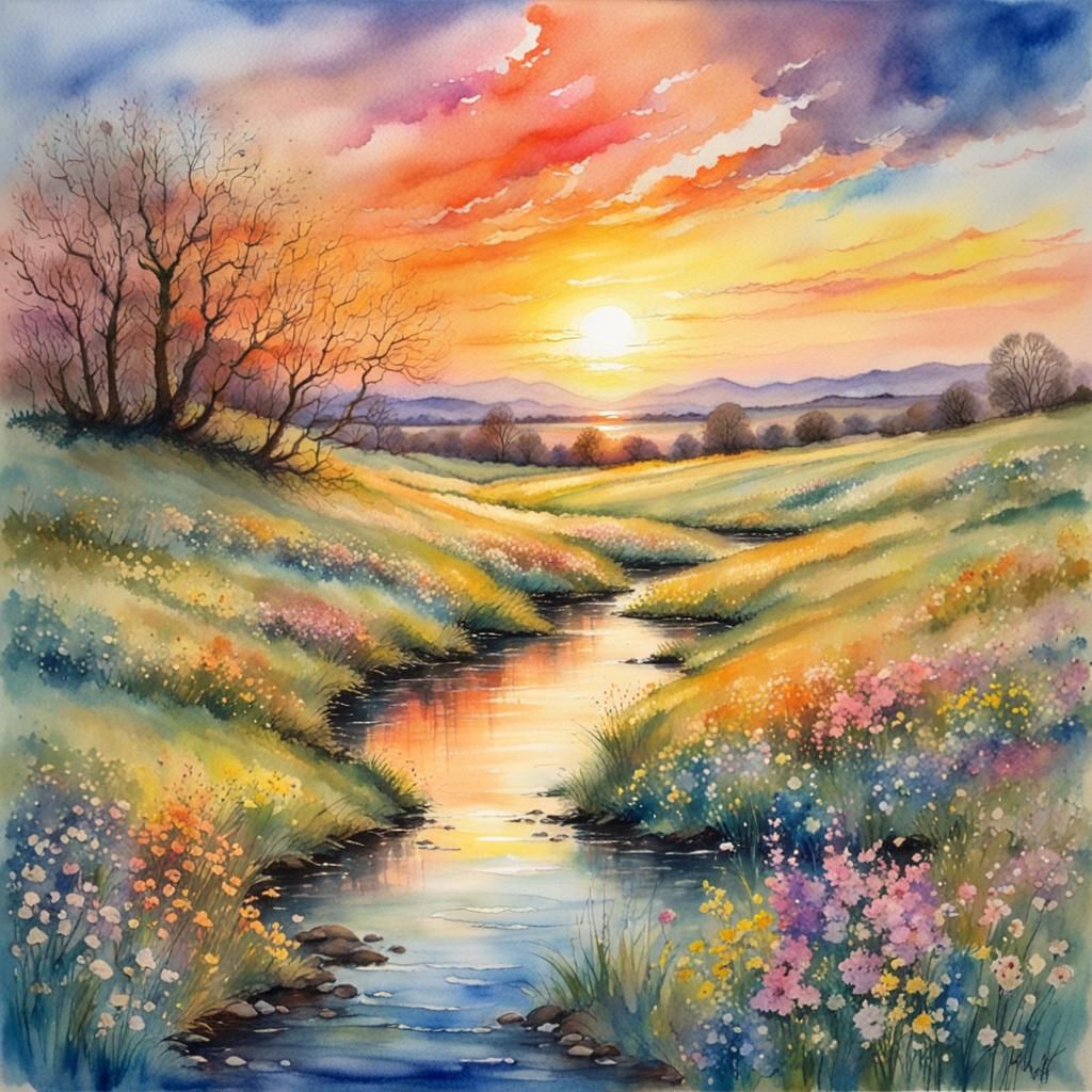 Spring Sunset Landscape in Watercolor Style