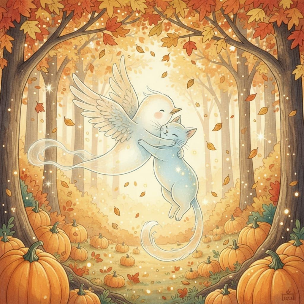 Ghost Bird and Cat Reunite in Magical Autumn Forest