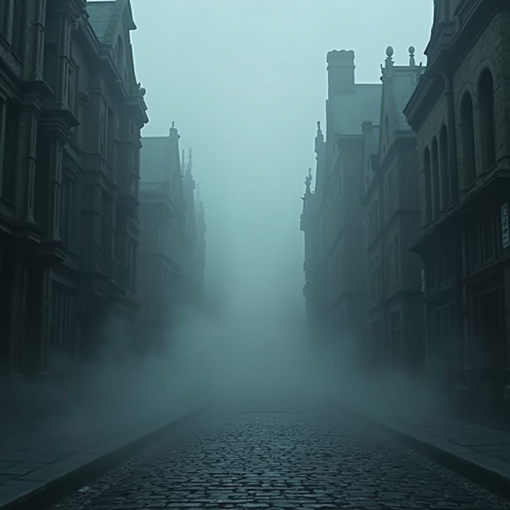 Ominous Gothic Cityscape Shrouded in Eerie Fog