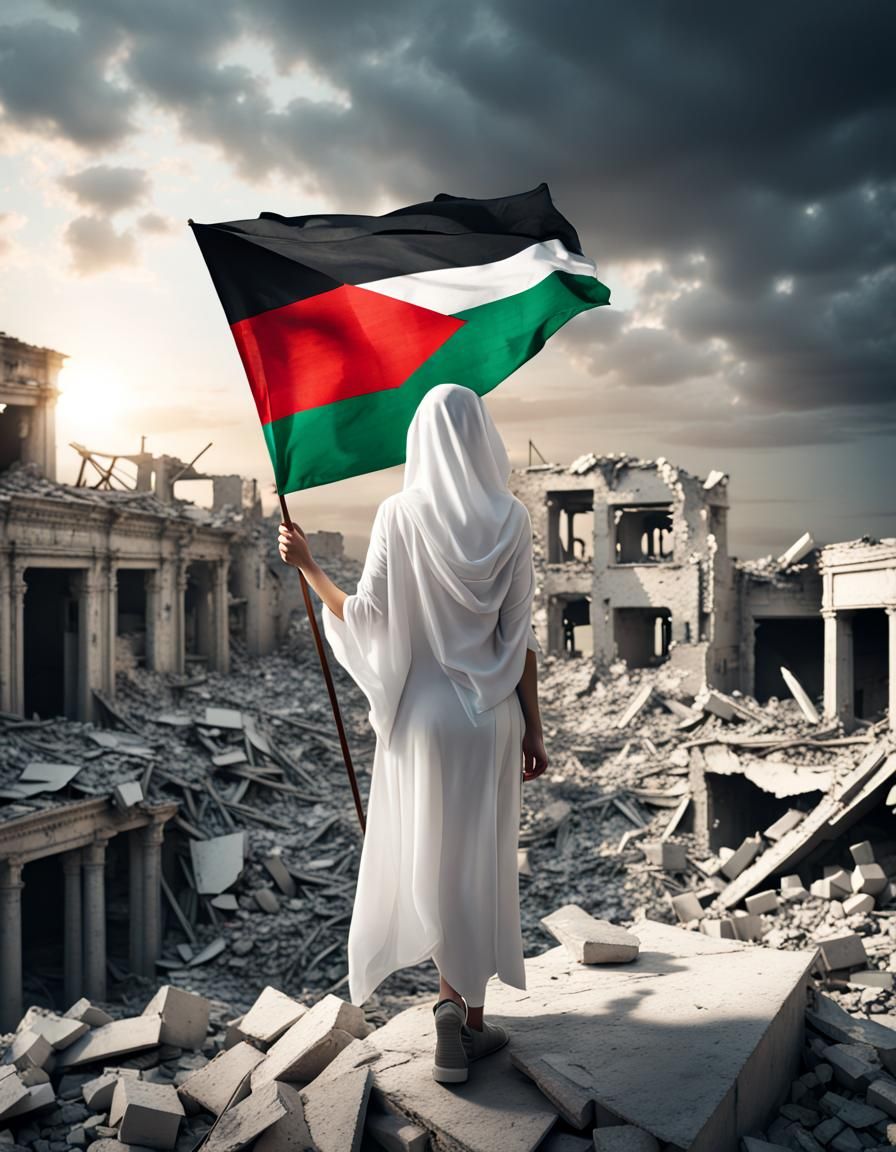 Woman with Flag Stands Tall in Ruined City
