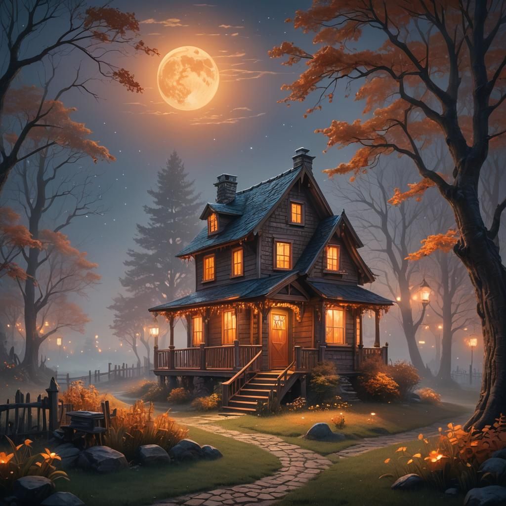 Ethereal Wooden House in Moonlight: Fantasy Illustration