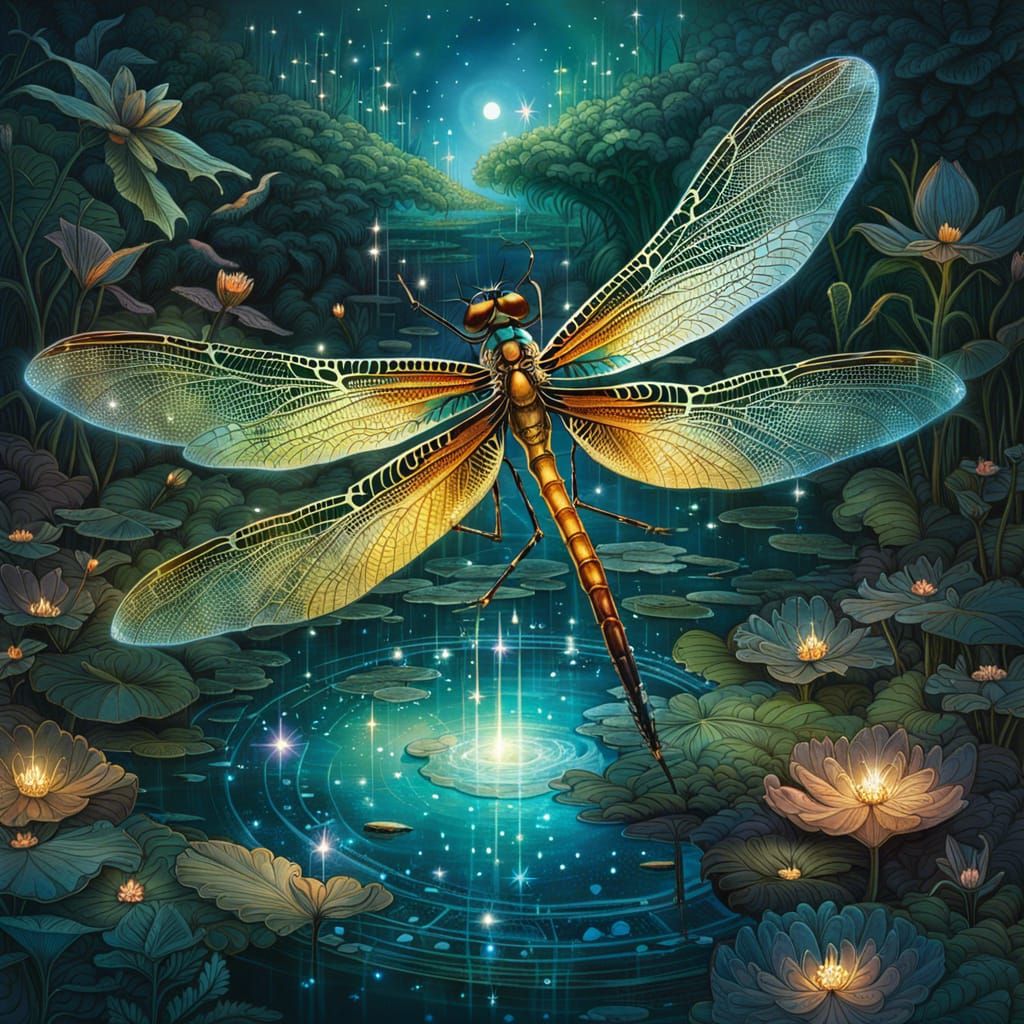 Luminescent Dragonfly Over Magical Pond: Detailed Digital Ar...