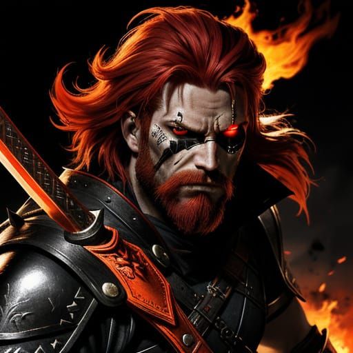 Red Haired Warrior Battles Demon in Dark Fantasy Art