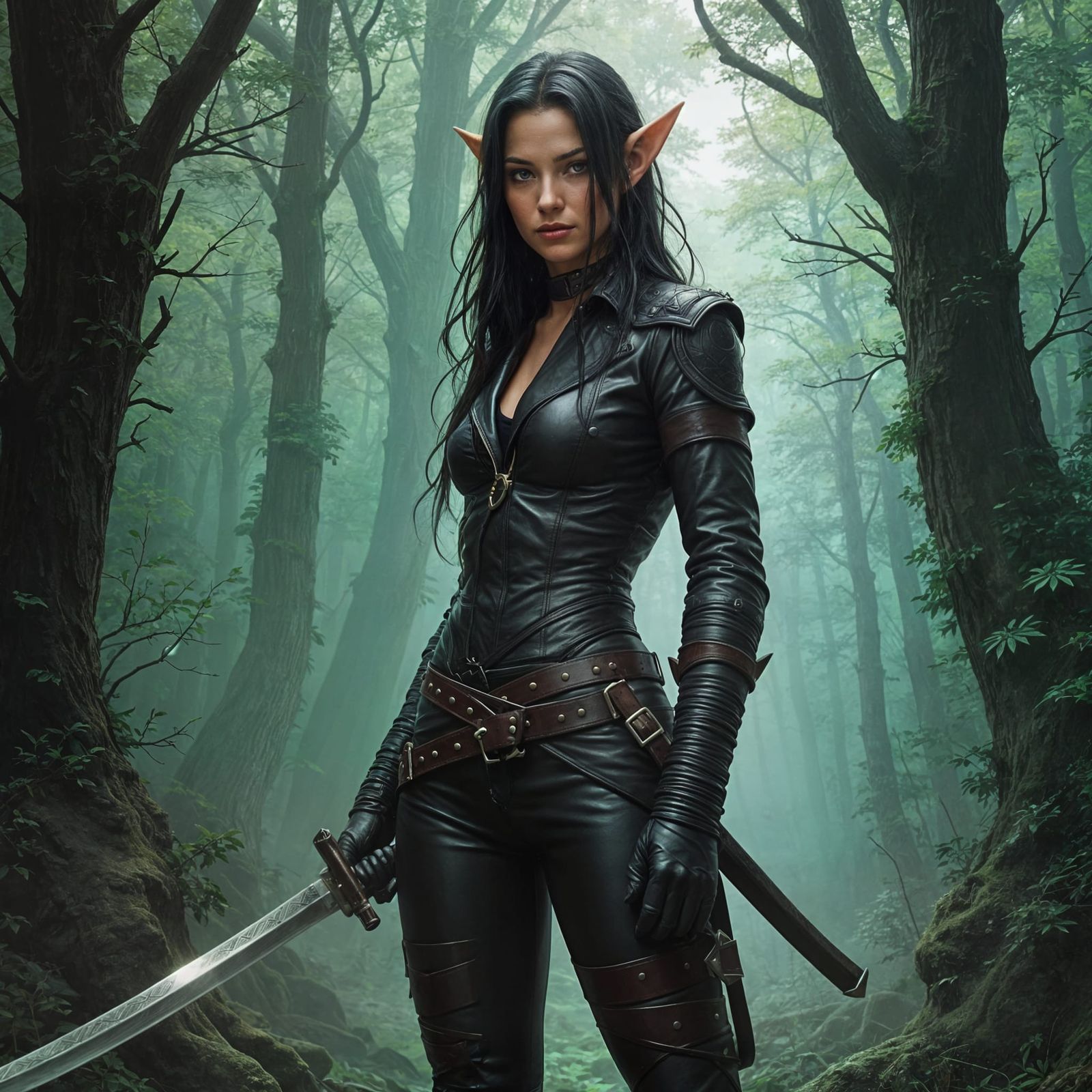 Elf Warrior Princess in Misty Forest, Fantasy Art
