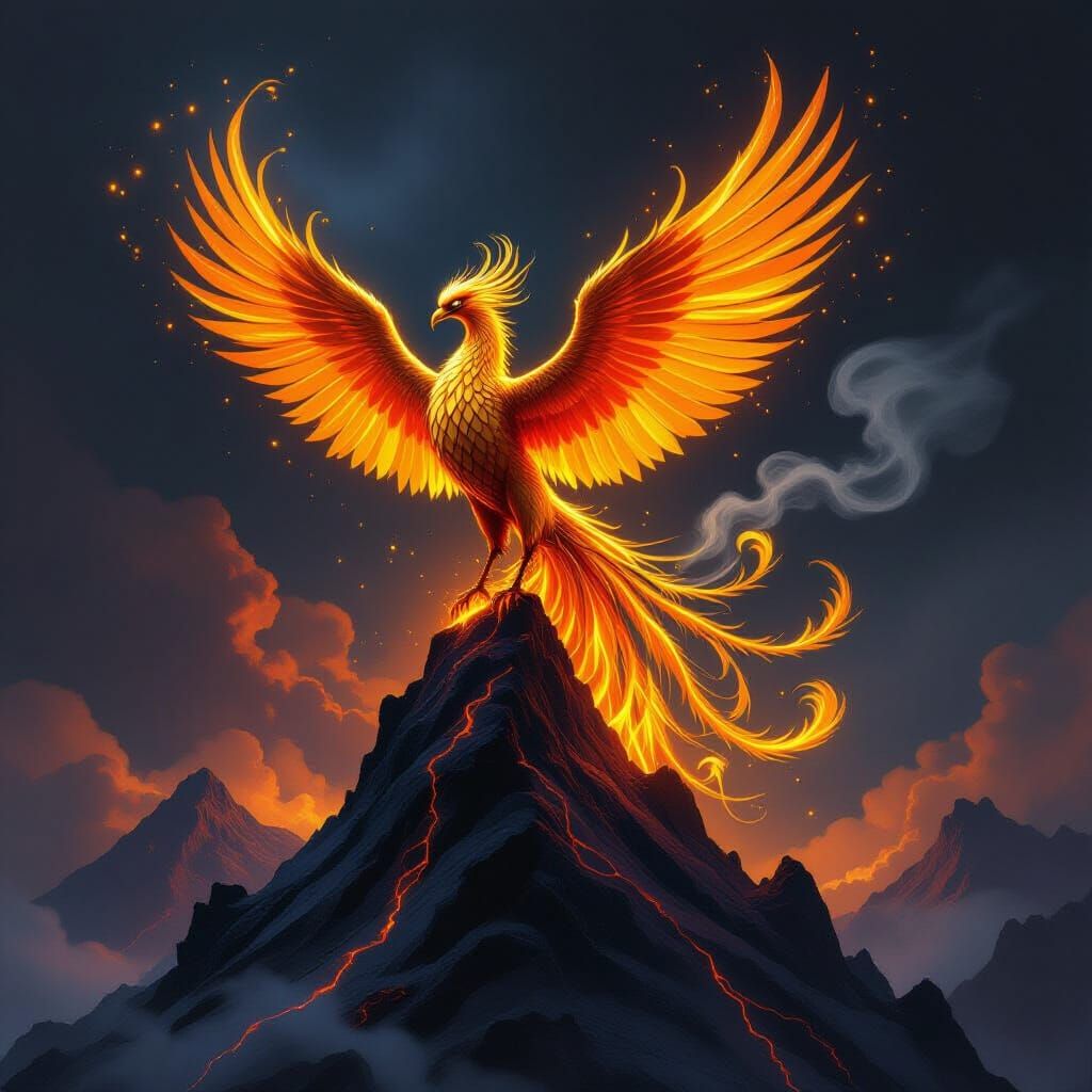 Molten Gold Phoenix on Volcanic Peak