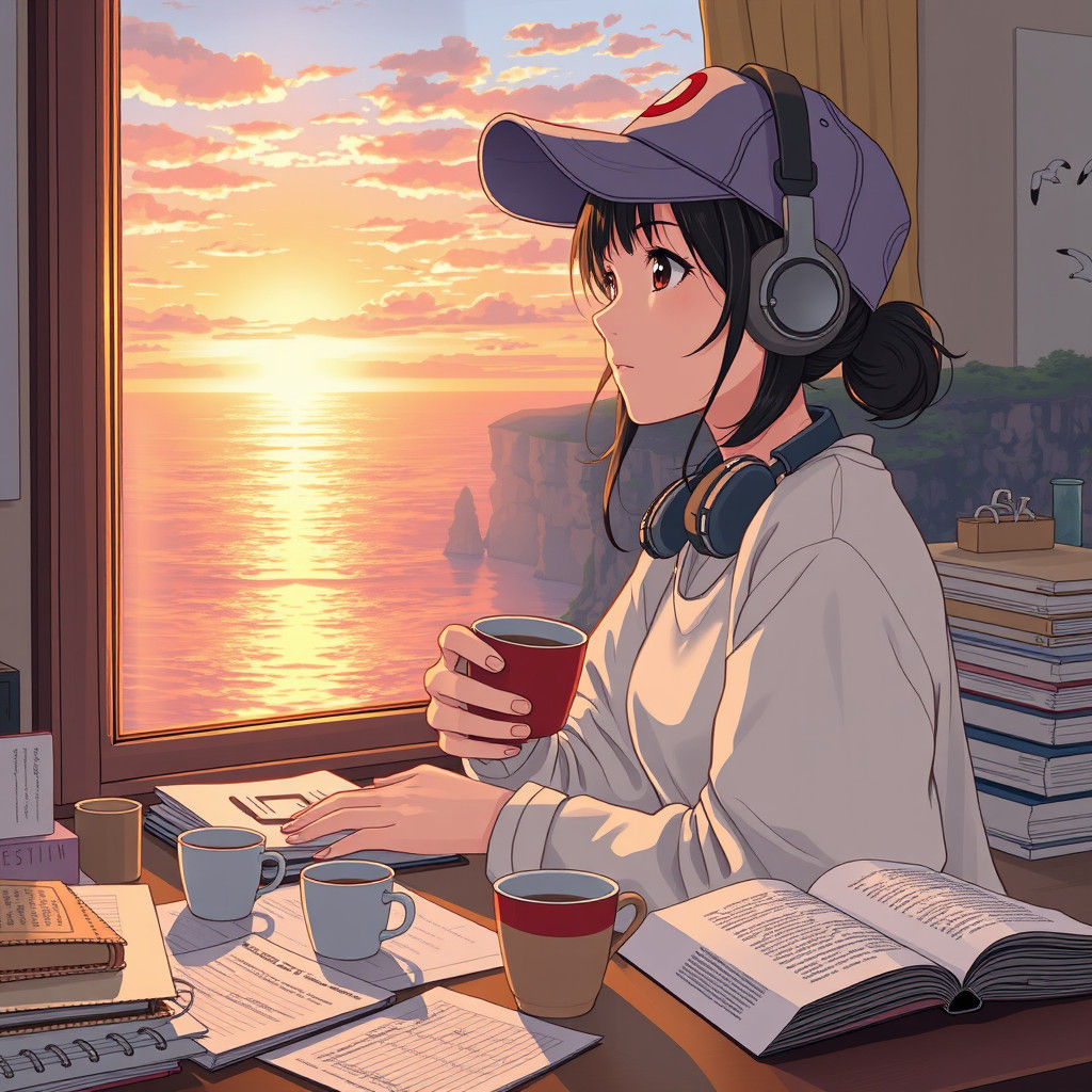 Contemplative Girl Gazing at Sunset, Anime Key Visual