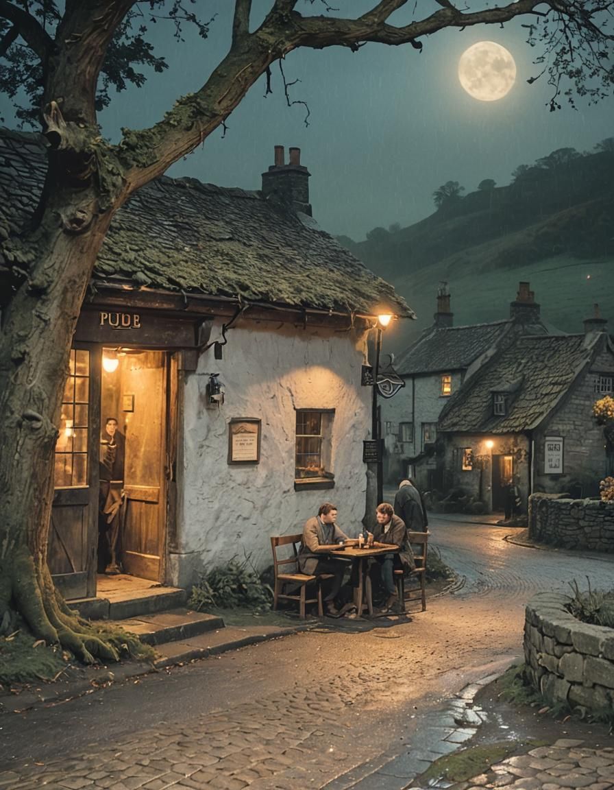 Eerie English Pub Scene with Angel Statue