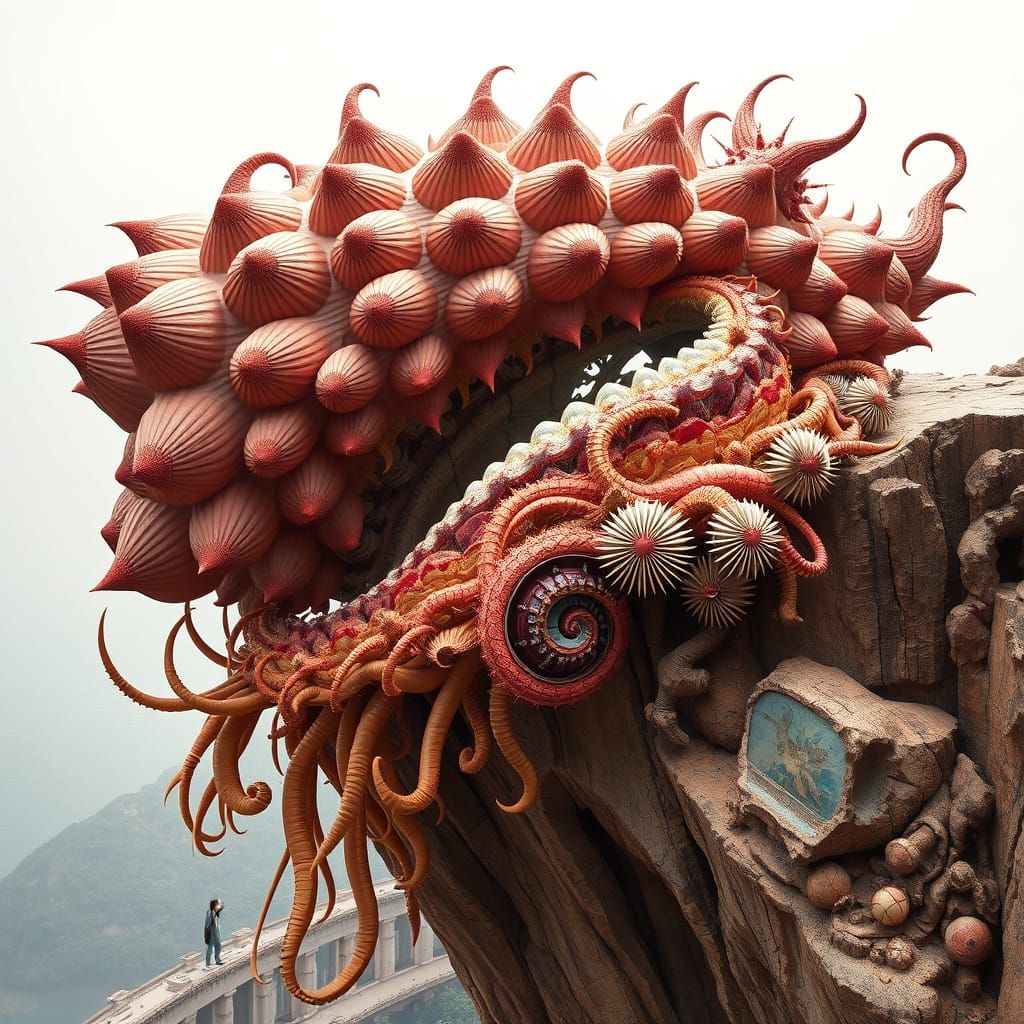 Abstract Seed Pod Sculpture with Nautilus Tendrils