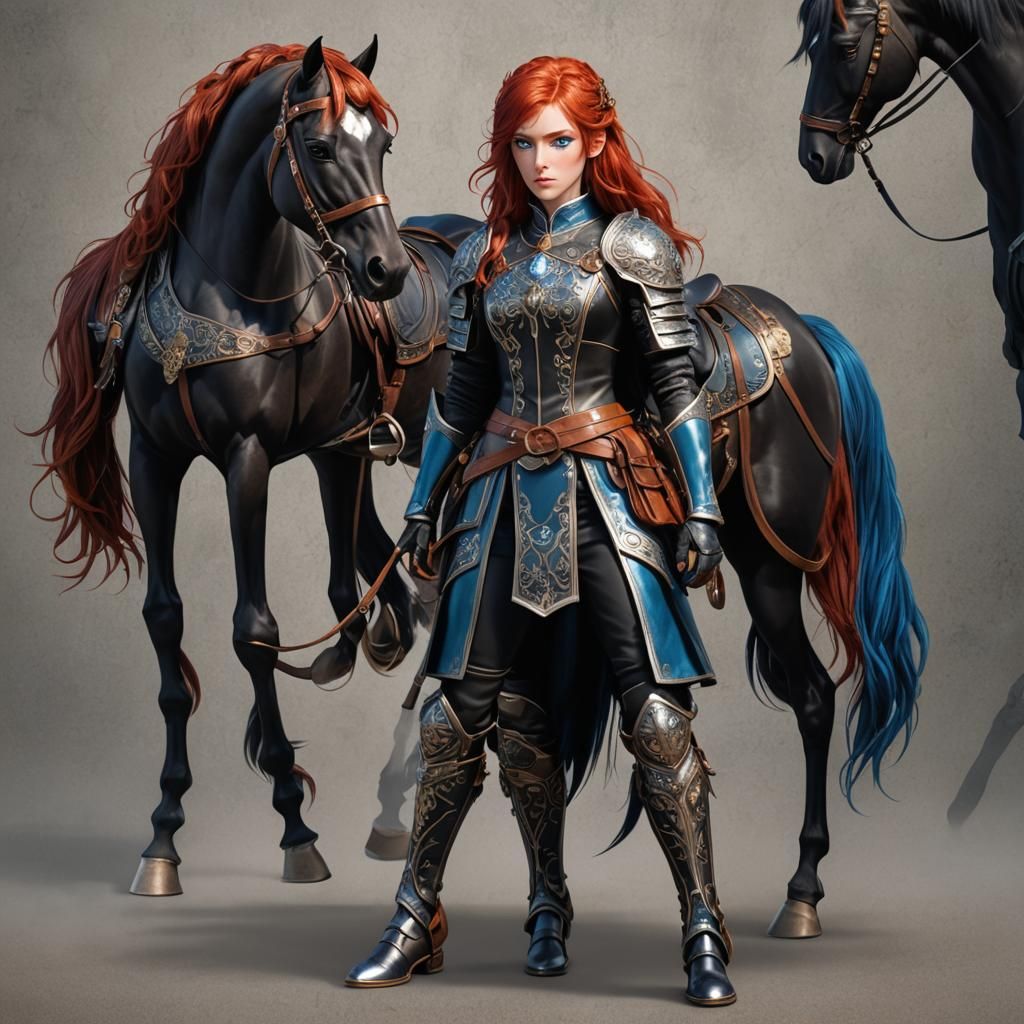 Hyper-Realistic Anime Girl and Black Horse in Medieval Fight...