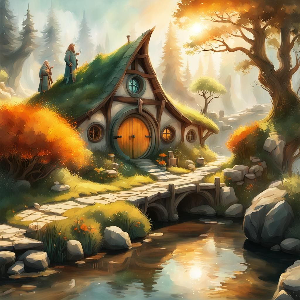 Hobbit Family in Forest Village: Watercolor Fantasy Art