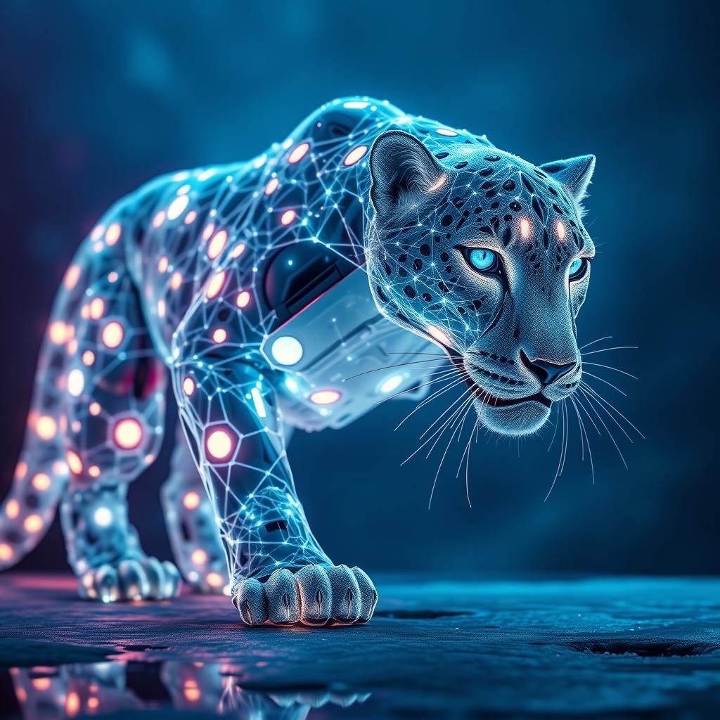 Luminous Cybernetic Snow Leopard in Sci-Fi Style