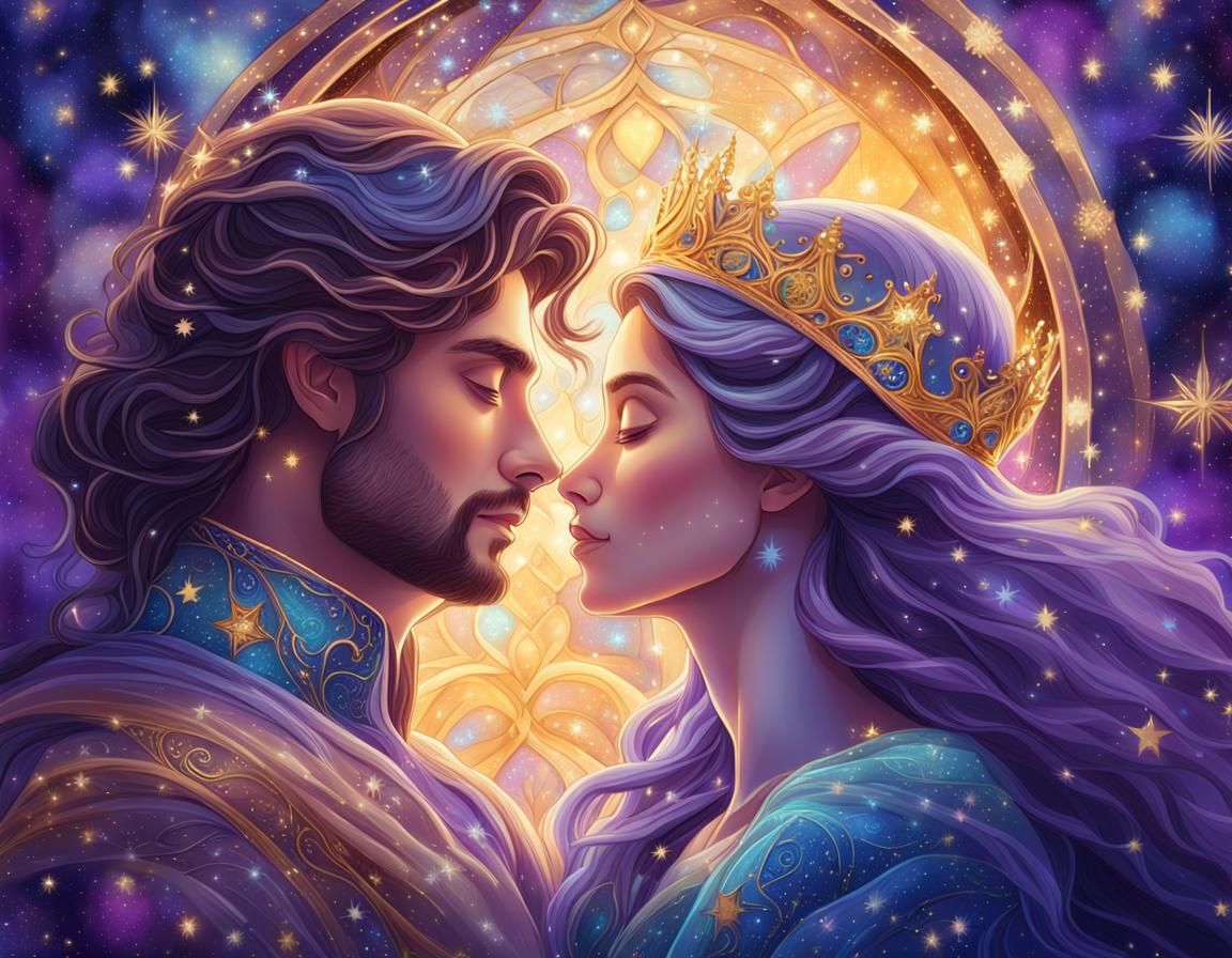 Prince and Princess Embrace in Stained Glass Wonderland