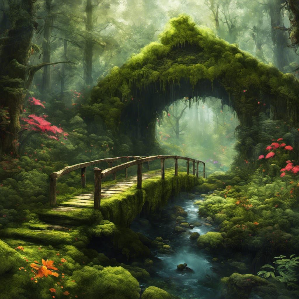 Moss Covered Bridge in Fantastical Forest Digital Art