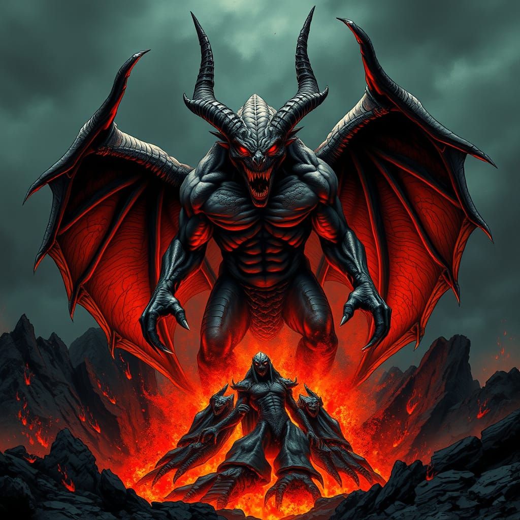 Fiery Beast Unfolds from Volcanic Depths in Dark Fantasy Ill...