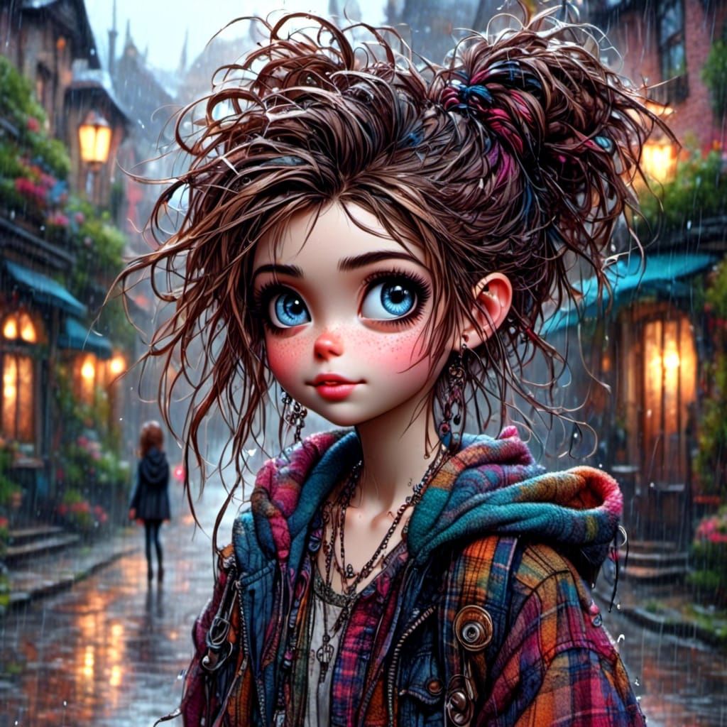 Anime Girl Dancing in Rainy Victorian Scene