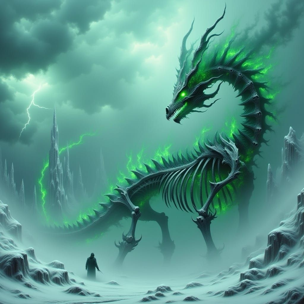 Skeleton Dragon Awakens in Emerald Flames