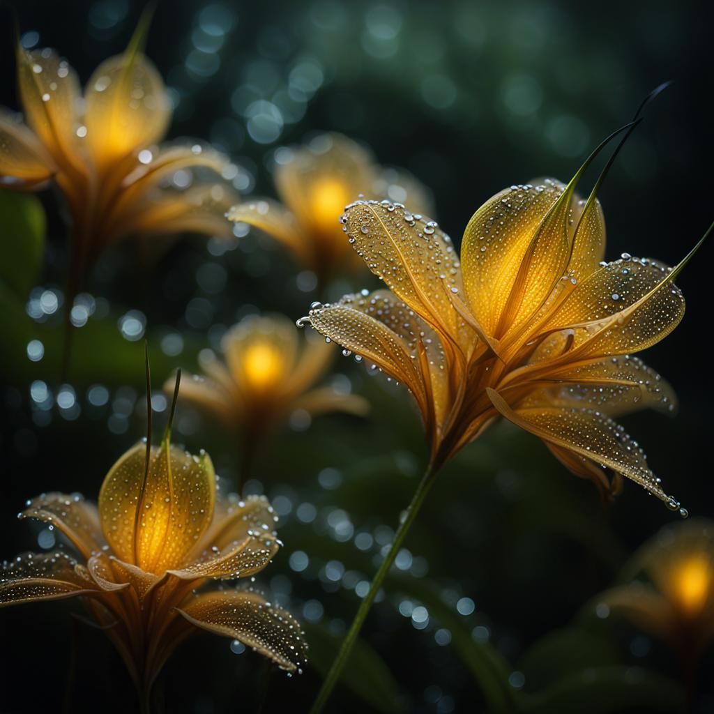 Luminescent Alien Dragon Flowers in Misty Jungle
