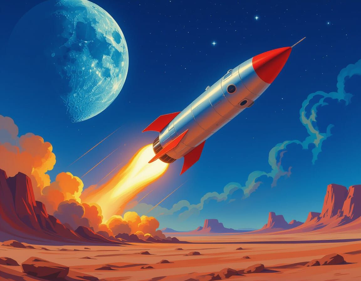 Retro-Futuristic Rocket Blasts Off on Alien Planet