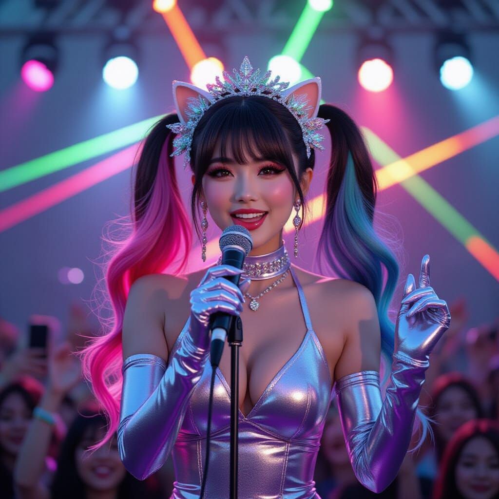 Charismatic Singer in Concert with Colorful Lights