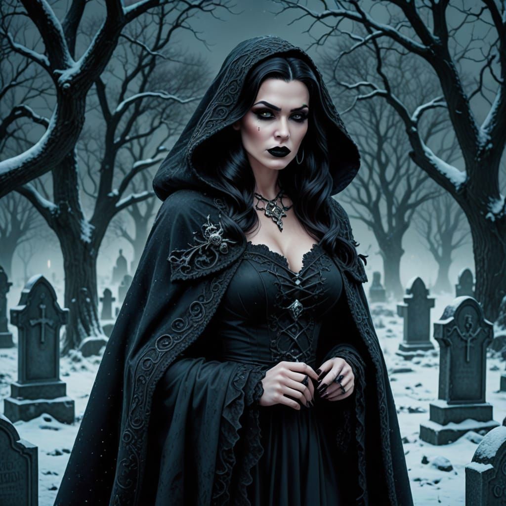 Evil Necromancer in Gothic Winter Graveyard