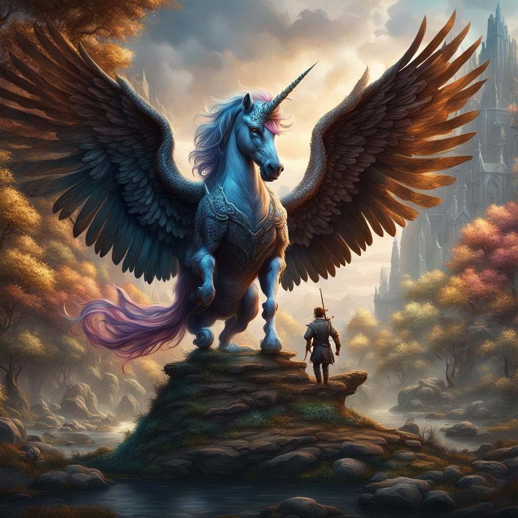 Fantastical Griffin and Unicorn Matte Painting