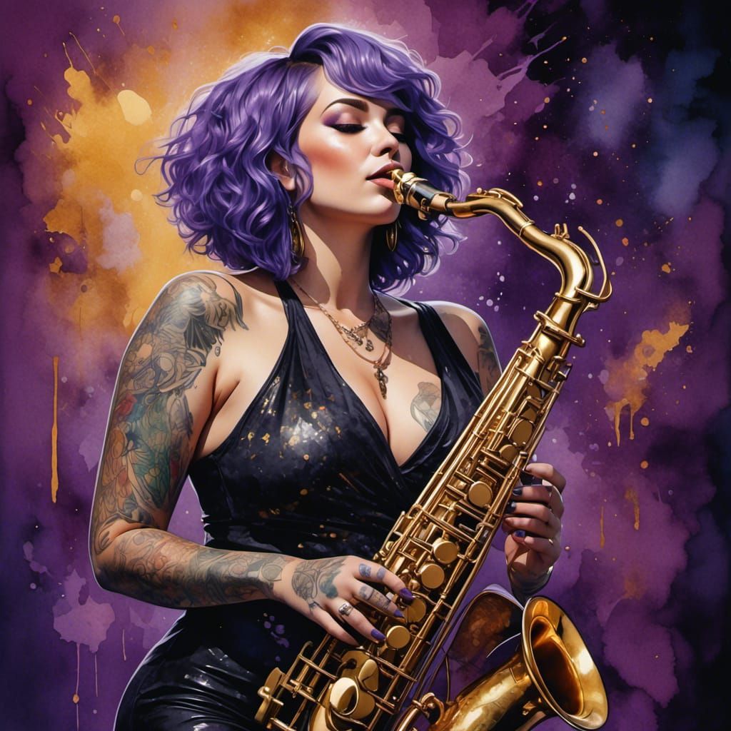 Curvy Woman with Saxophone in Watercolor Style