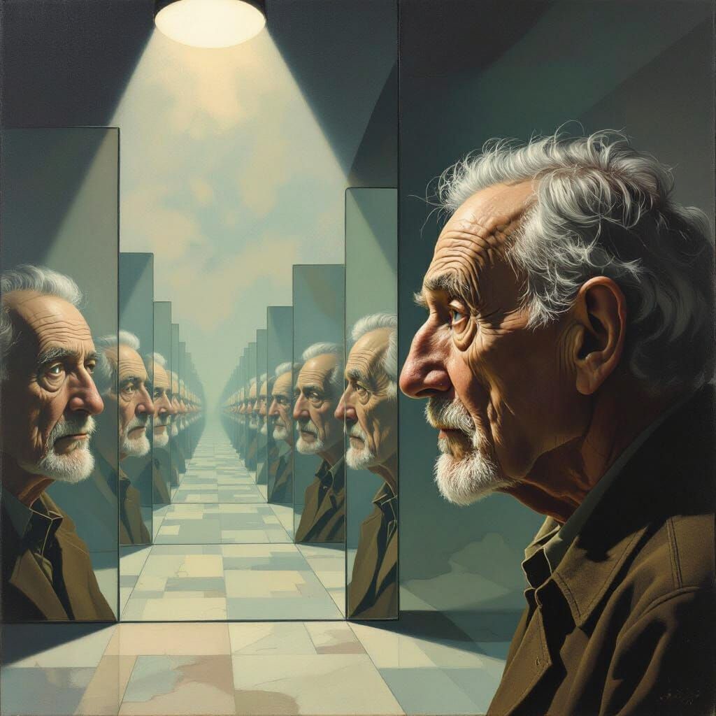 Elderly Man Lost in Hall of Mirrors