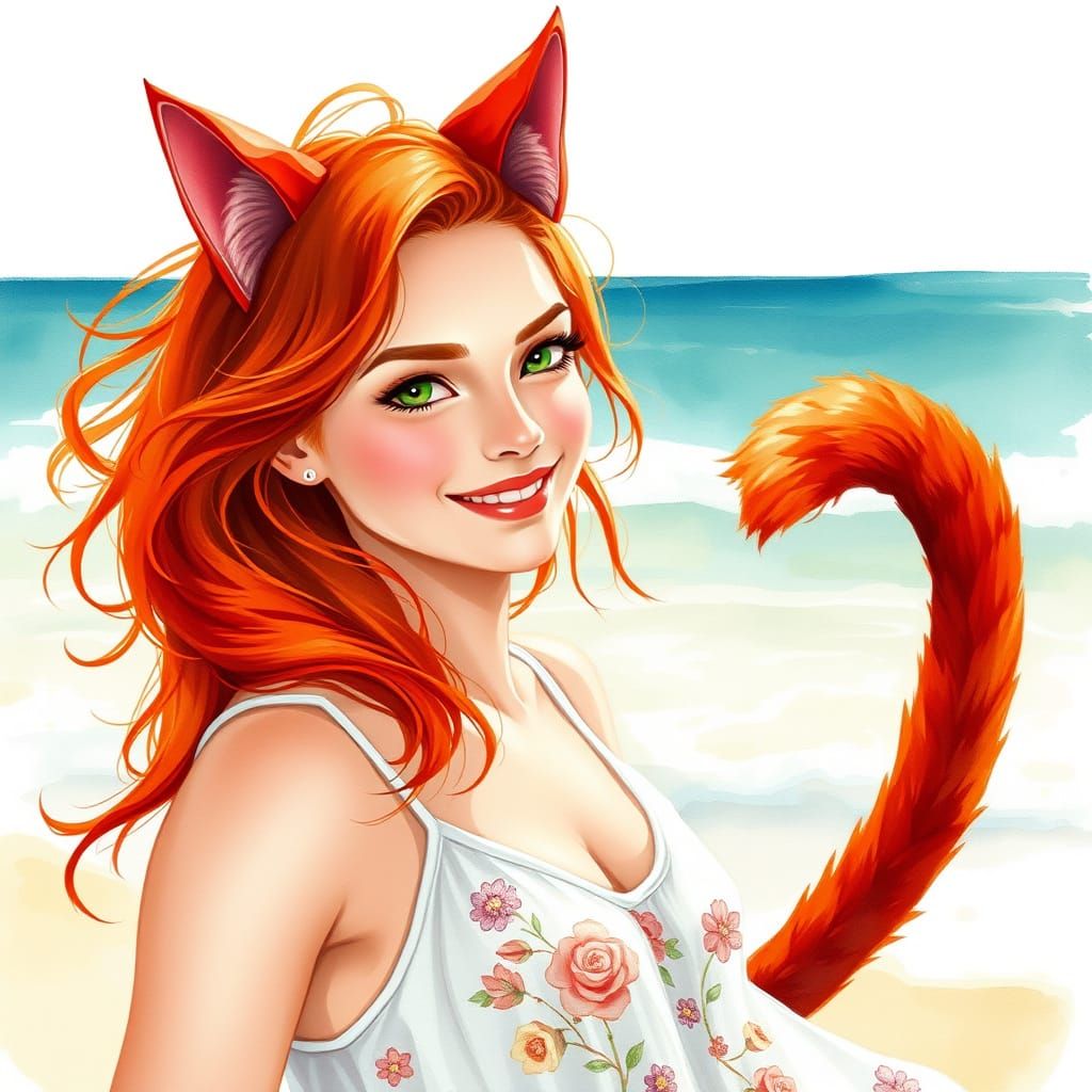 Red-Haired Cat Woman on Sunny Beach, Watercolor Style