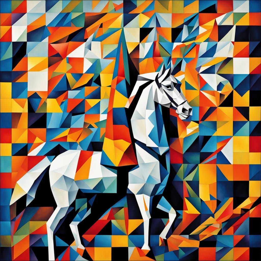 Surrealist Cubist Woman Rides Geometric Horse in Vibrant For...