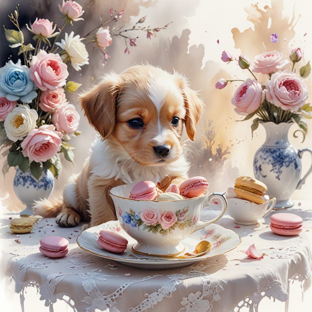 Puppy's Vintage Tea Party in Stylized Watercolor