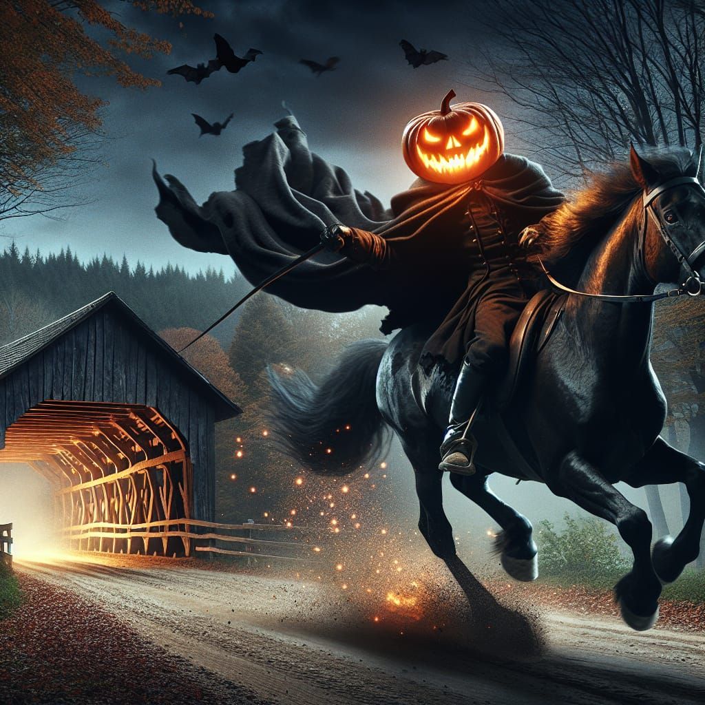 Dramatic Headless Horseman Rides to Covered Bridge