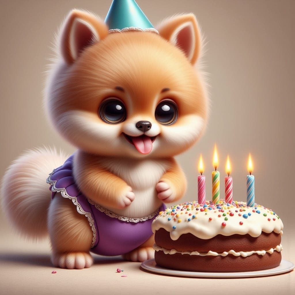 Cute Pomeranian Puppy's Birthday in Impressionist Oil Painti...