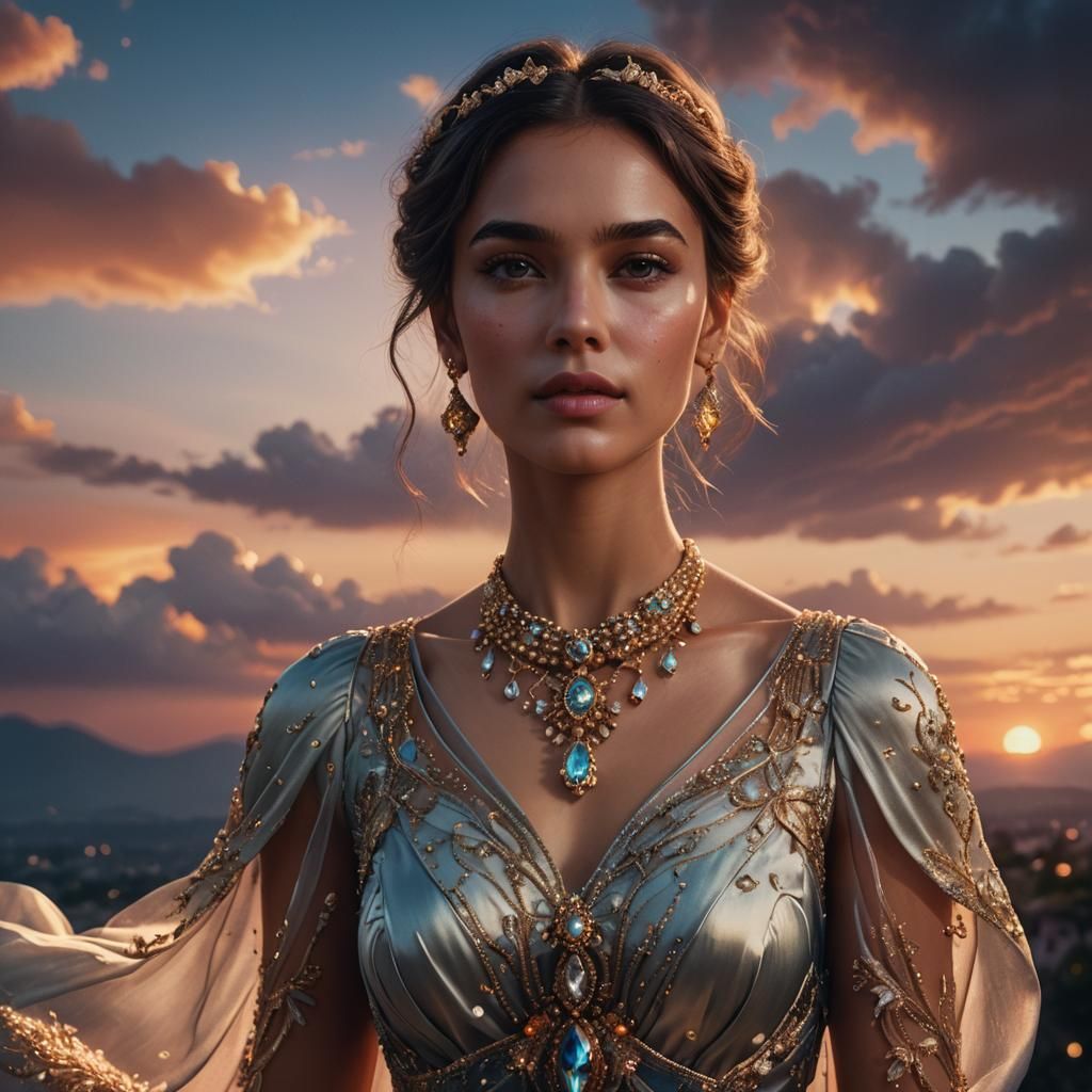 Stunning Woman in Silk Dress at Sunset