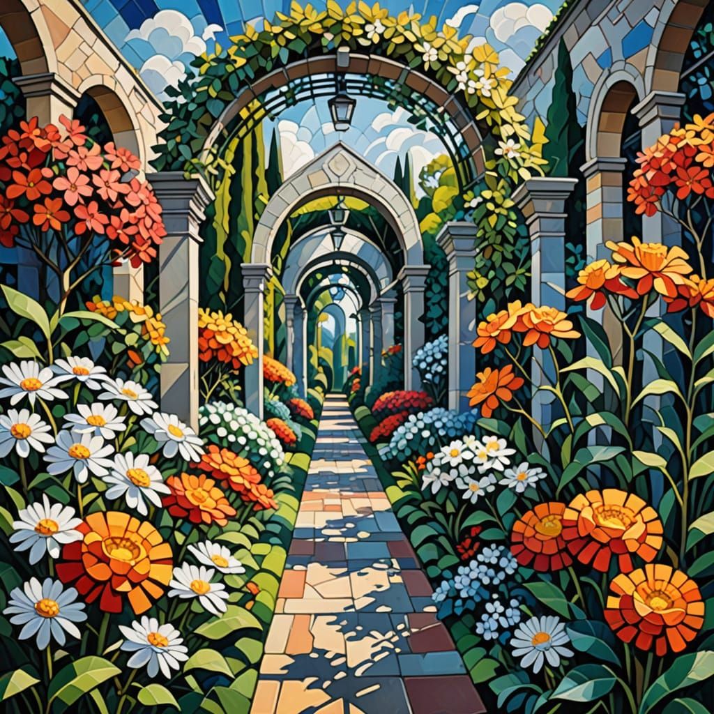 Neo-Cubist Garden Path With Silver Flowers