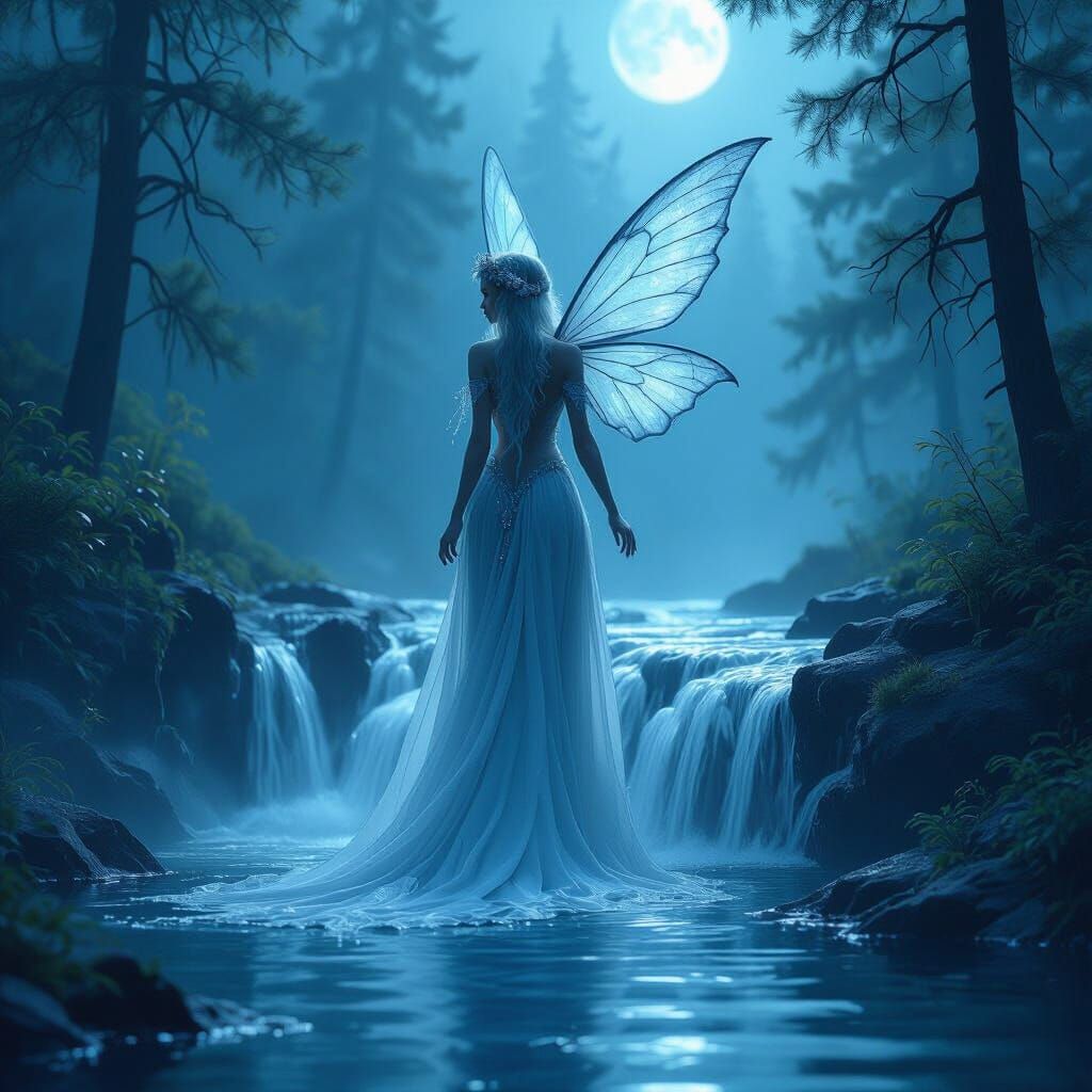 Ethereal Silver Fairy Merged with Waterfall