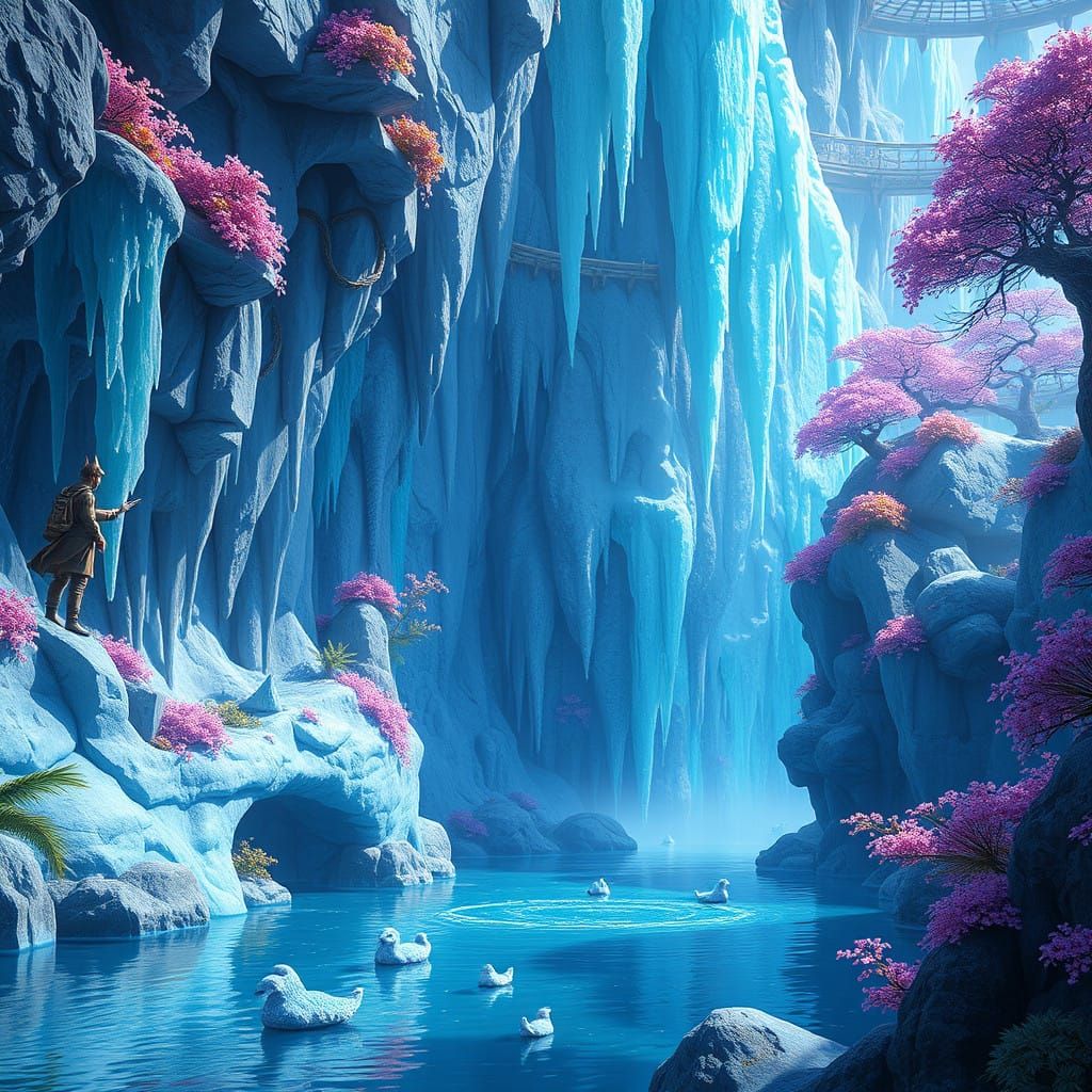 Vibrant Tropical Oasis with Shimmering Sapphire Icicles