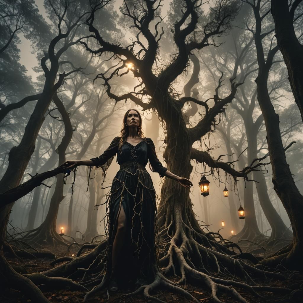 Mystical Forest Woman in Dark Surrealism Style