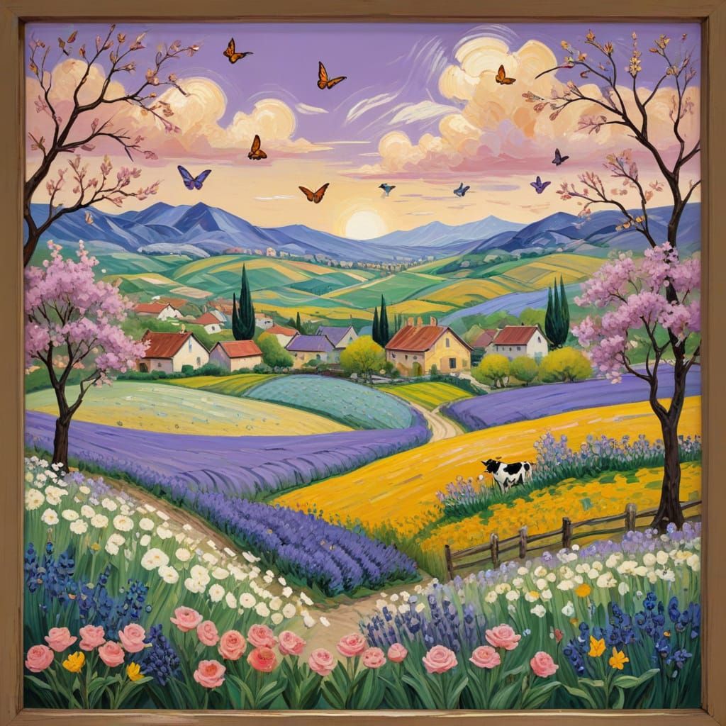 Spring Village View Through Vintage Window in Van Gogh Style