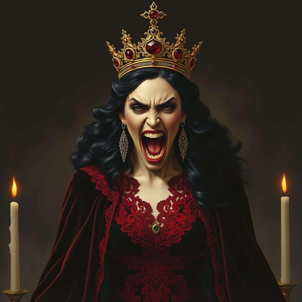 Dark Fantasy Queen in Fierce Scream, Frank Frazetta Style