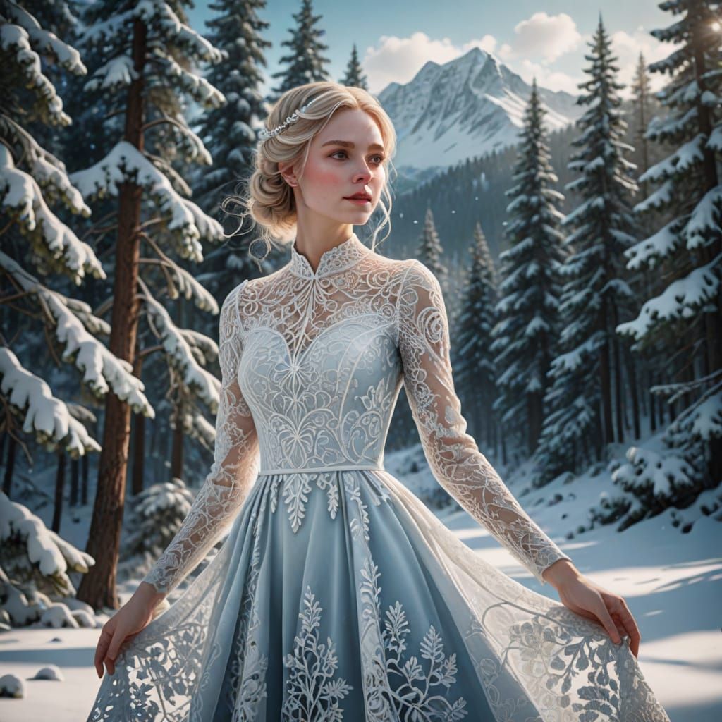 Ethereal Winter Goddess in Snowy Forest