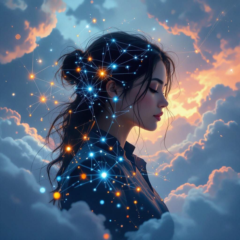 Woman Merging With Neural Networks in Digital Art Style